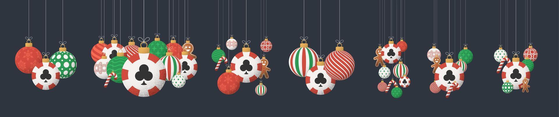 poker Christmas Greeting grainy ball set. Group of Merry Christmas and happy new year sport retro Hang on a thread xmas ball bauble with grainy noise vector