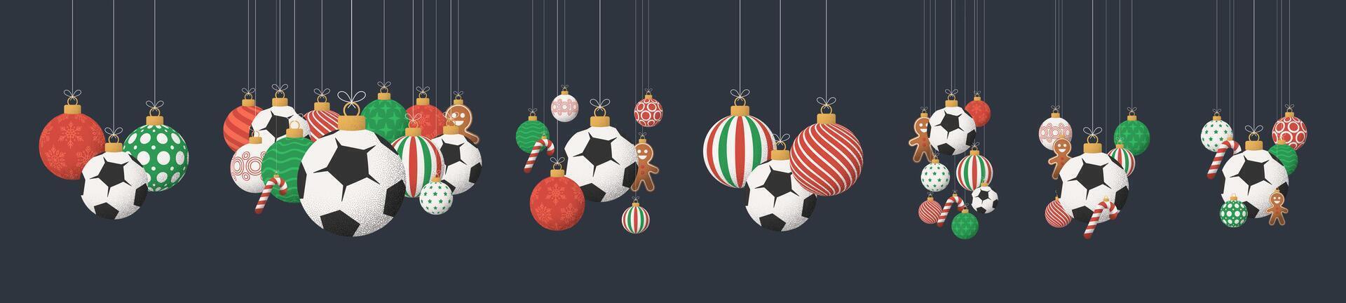 soccer Christmas Greeting grainy ball set. Group of Merry Christmas and happy new year sport retro Hang on a thread xmas ball bauble with grainy noise vector