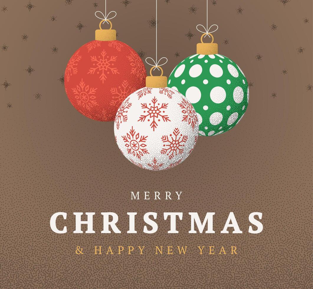 Christmas Greeting grainy card. Merry Christmas and happy new year retro greeting card. Hang on a thread xmas ball bauble on noise brown stipple background vector