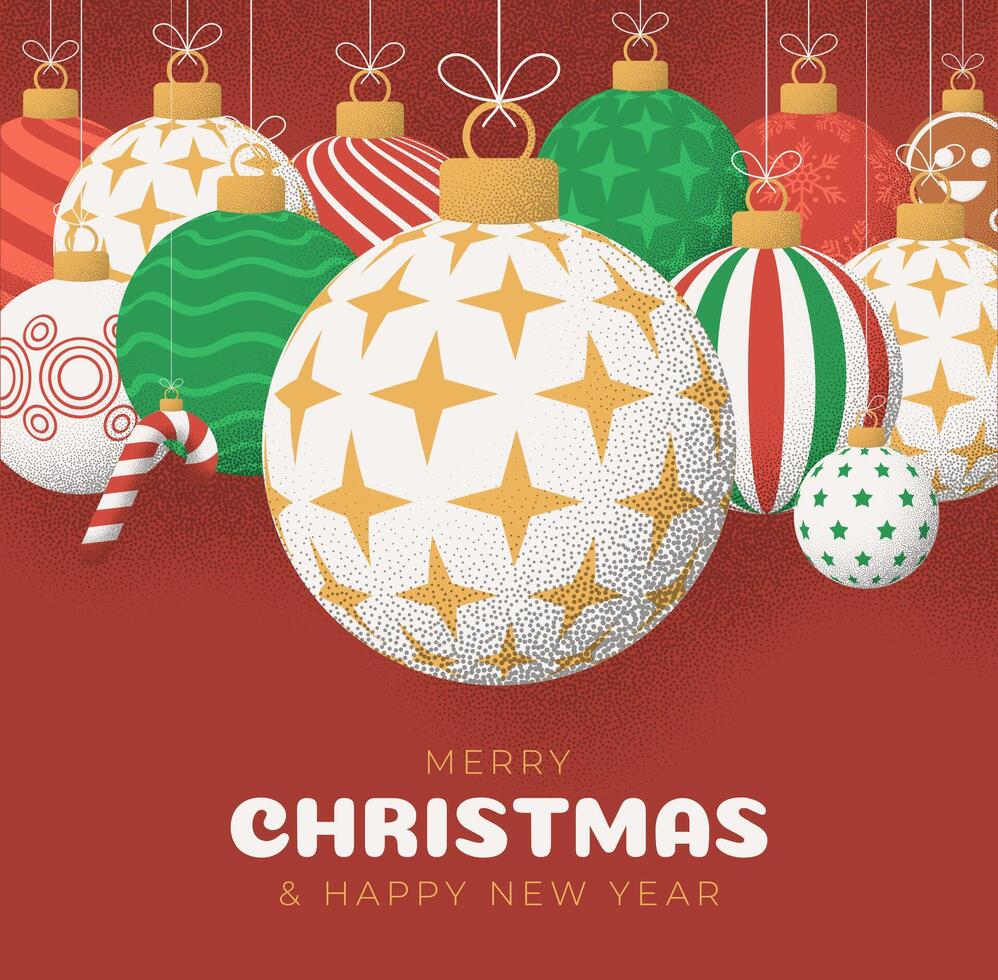 Christmas Greeting grainy card. Merry Christmas and happy new year retro greeting card. Hang on a thread xmas ball bauble on noise red stipple background vector