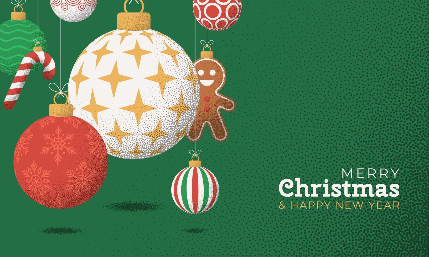 Christmas Greeting grainy card. Merry Christmas and happy new year retro greeting card. Hang on a thread xmas ball bauble on noise green stipple background vector