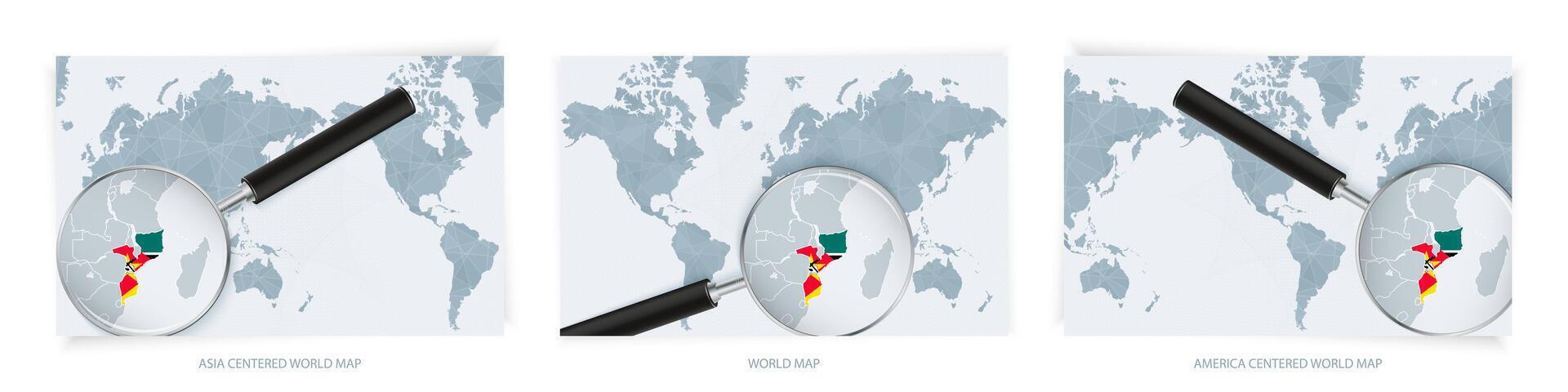 Blue Abstract World Maps with magnifying glass on map of Mozambique with the national flag of Mozambique. Three version of World Map. vector
