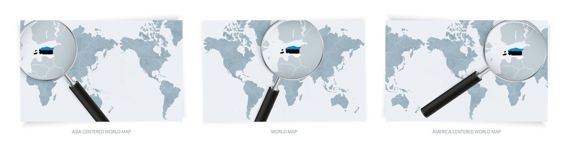 Blue Abstract World Maps with magnifying glass on map of Estonia with the national flag of Estonia. Three version of World Map. vector