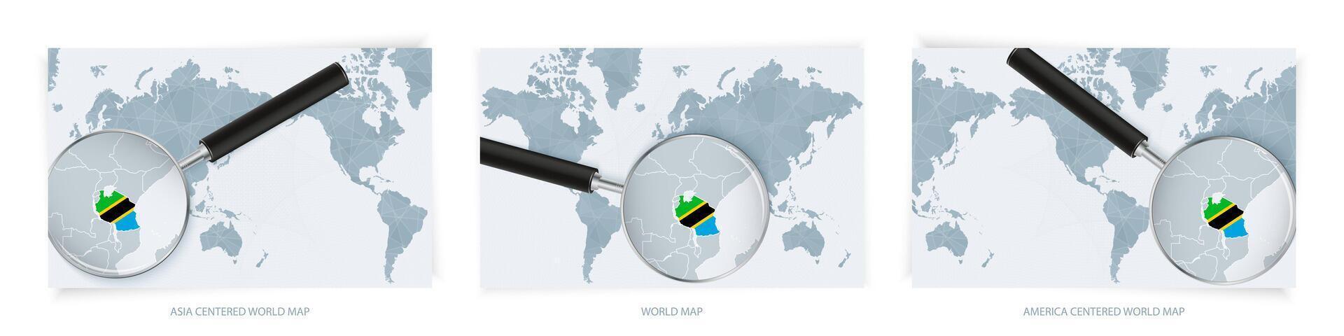Blue Abstract World Maps with magnifying glass on map of Tanzania with the national flag of Tanzania. Three version of World Map. vector