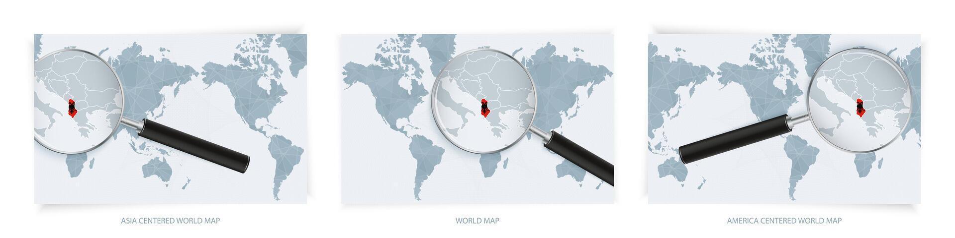 Blue Abstract World Maps with magnifying glass on map of Albania with the national flag of Albania. Three version of World Map. vector