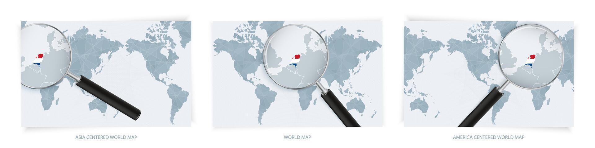 Blue Abstract World Maps with magnifying glass on map of Netherlands with the national flag of Netherlands. Three version of World Map. vector