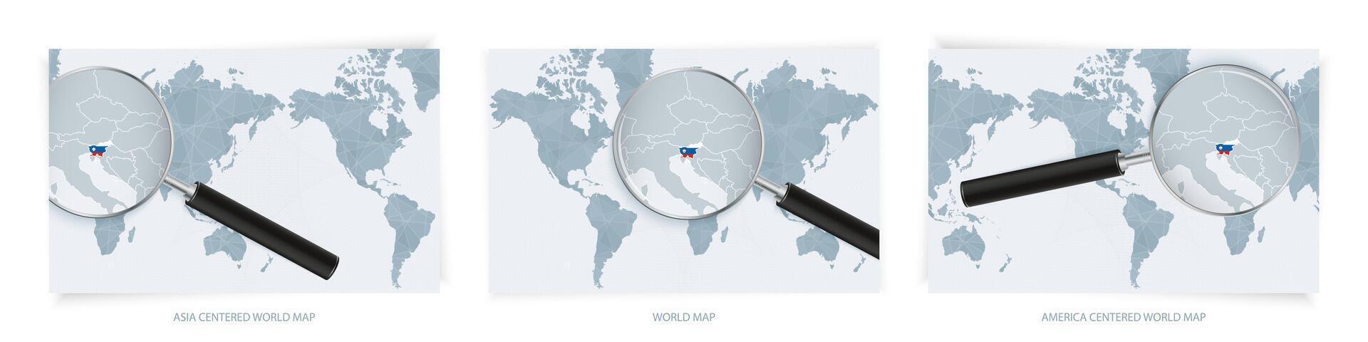 Blue Abstract World Maps with magnifying glass on map of Slovenia with the national flag of Slovenia. Three version of World Map. vector