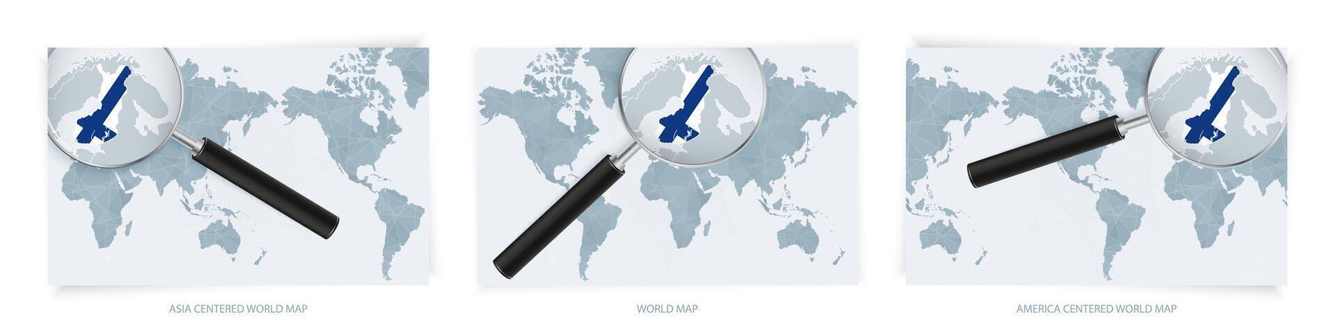 Blue Abstract World Maps with magnifying glass on map of Finland with the national flag of Finland. Three version of World Map. vector