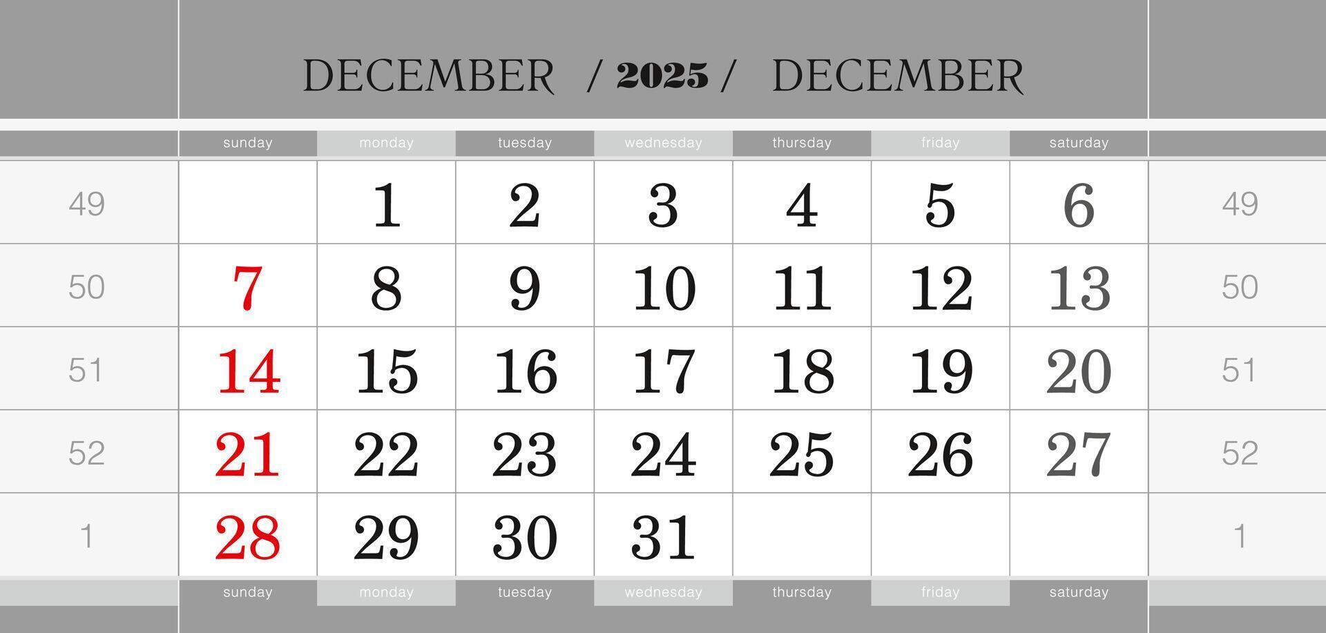 December 2025 quarterly calendar block. Wall calendar in English, week starts from Sunday. vector
