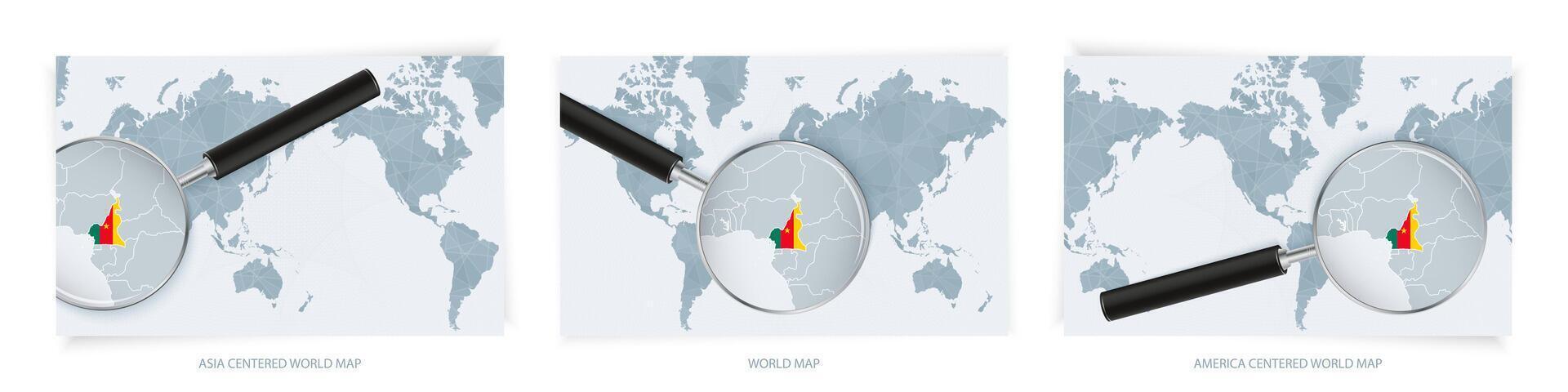 Blue Abstract World Maps with magnifying glass on map of Cameroon with the national flag of Cameroon. Three version of World Map. vector