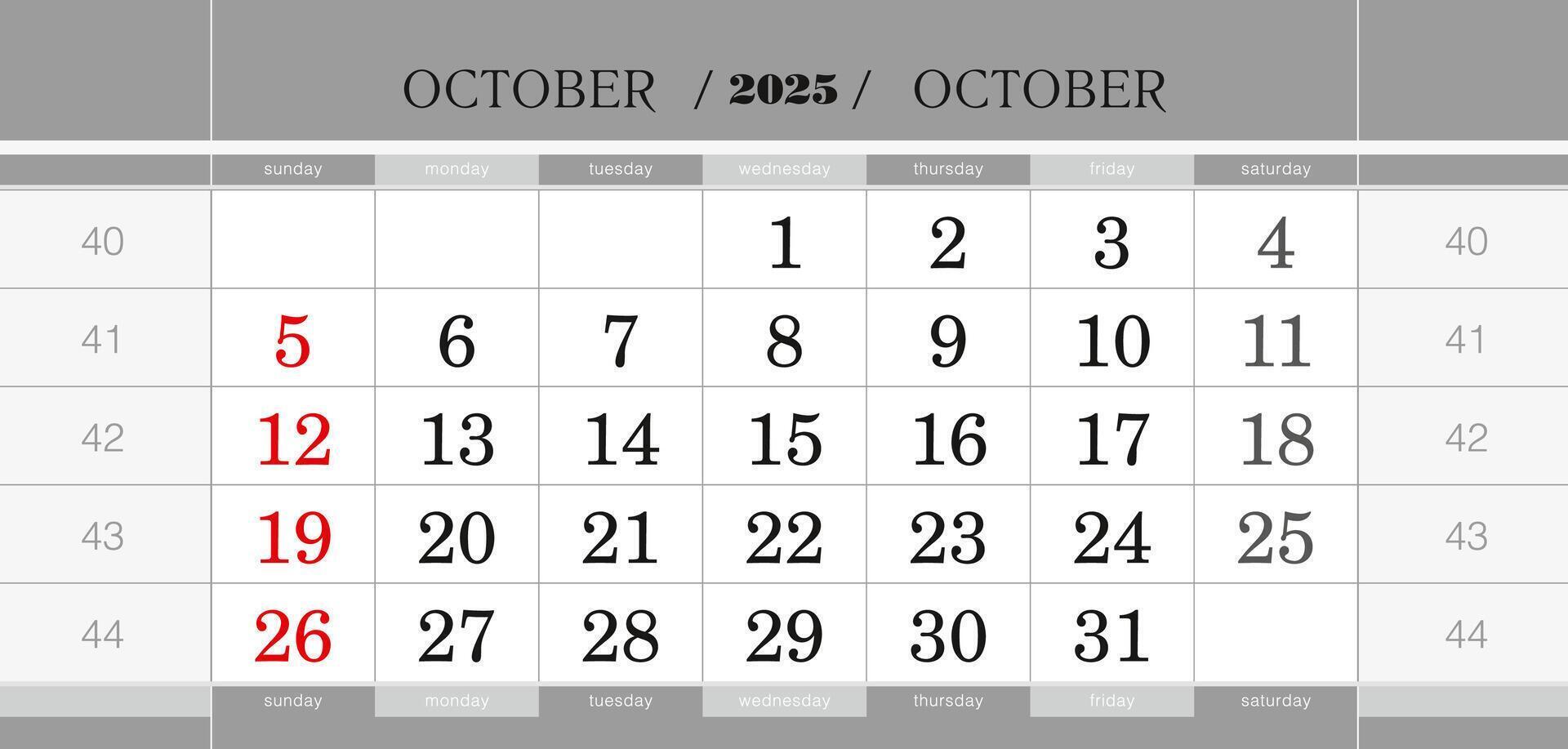 October 2025 quarterly calendar block. Wall calendar in English, week starts from Sunday. vector