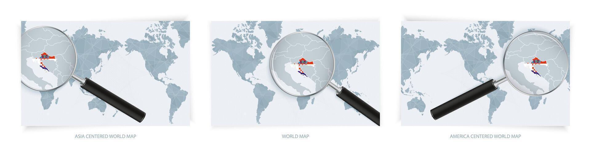 Blue Abstract World Maps with magnifying glass on map of Croatia with the national flag of Croatia. Three version of World Map. vector