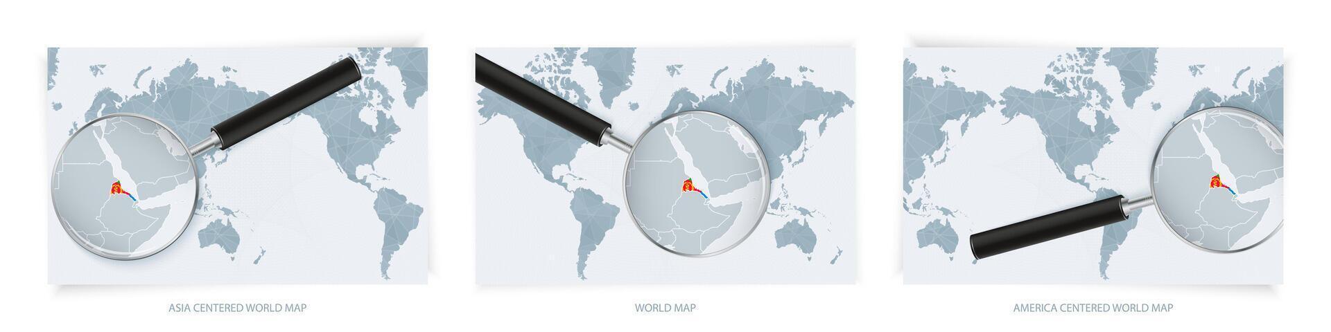 Blue Abstract World Maps with magnifying glass on map of Eritrea with the national flag of Eritrea. Three version of World Map. vector