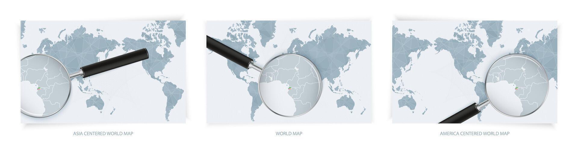 Blue Abstract World Maps with magnifying glass on map of Equatorial Guinea with the national flag of Equatorial Guinea. Three version of World Map. vector