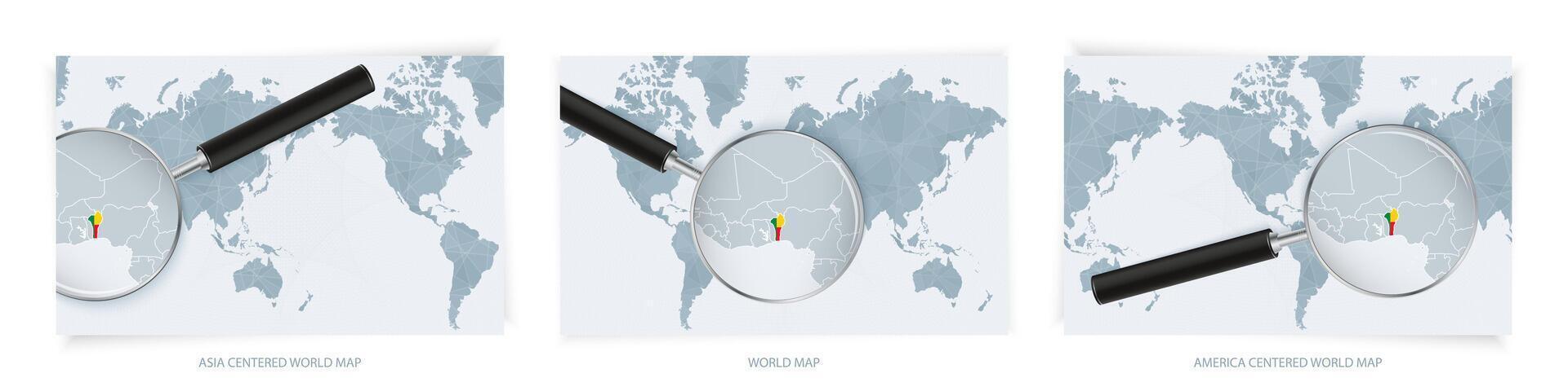 Blue Abstract World Maps with magnifying glass on map of Benin with the national flag of Benin. Three version of World Map. vector