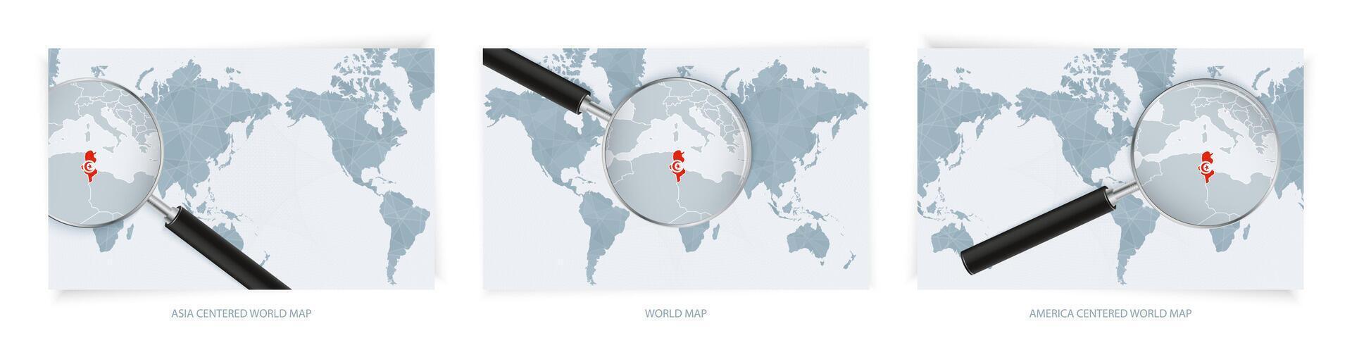 Blue Abstract World Maps with magnifying glass on map of Tunisia with the national flag of Tunisia. Three version of World Map. vector