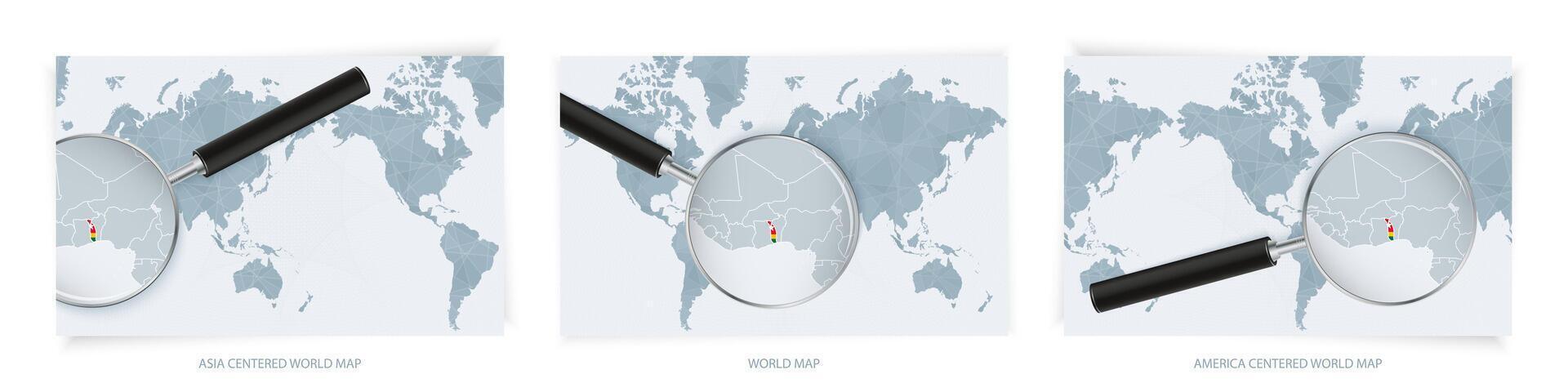 Blue Abstract World Maps with magnifying glass on map of Togo with the national flag of Togo. Three version of World Map. vector