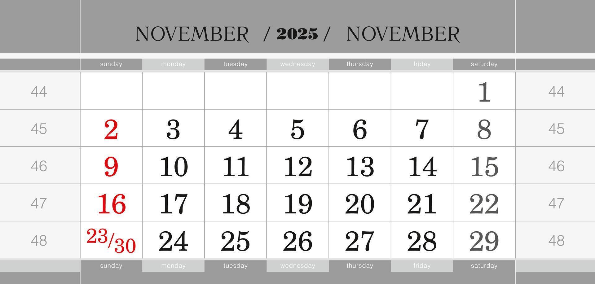 November 2025 quarterly calendar block. Wall calendar in English, week starts from Sunday. vector