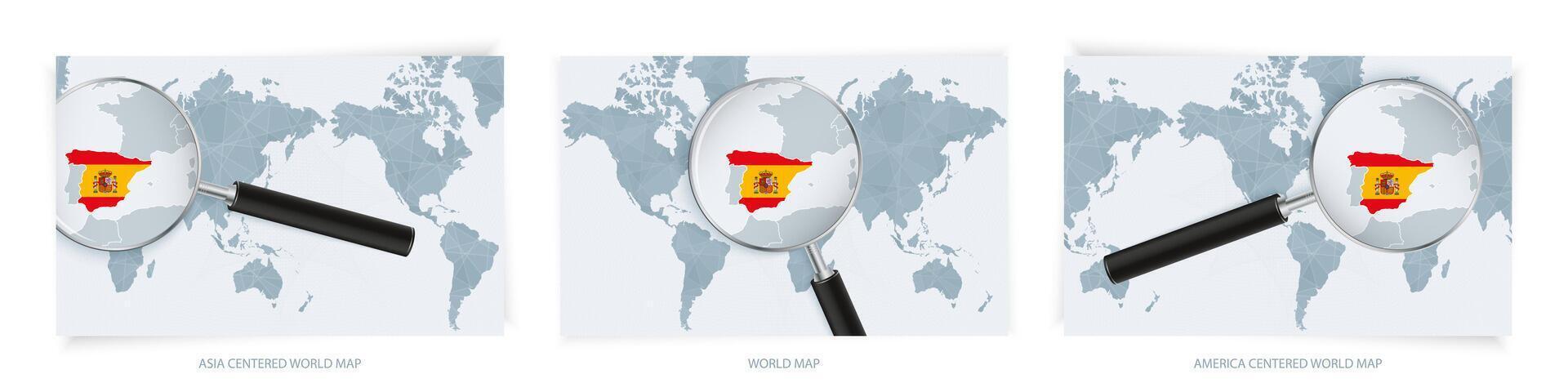Blue Abstract World Maps with magnifying glass on map of Spain with the national flag of Spain. Three version of World Map. vector