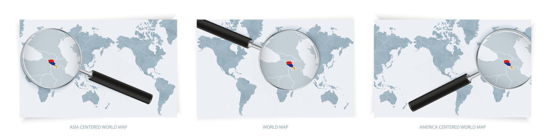 Blue Abstract World Maps with magnifying glass on map of Armenia with the national flag of Armenia. Three version of World Map. vector