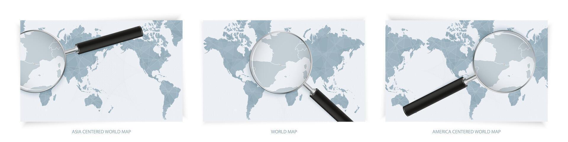 Blue Abstract World Maps with magnifying glass on map of Andorra with the national flag of Andorra. Three version of World Map. vector