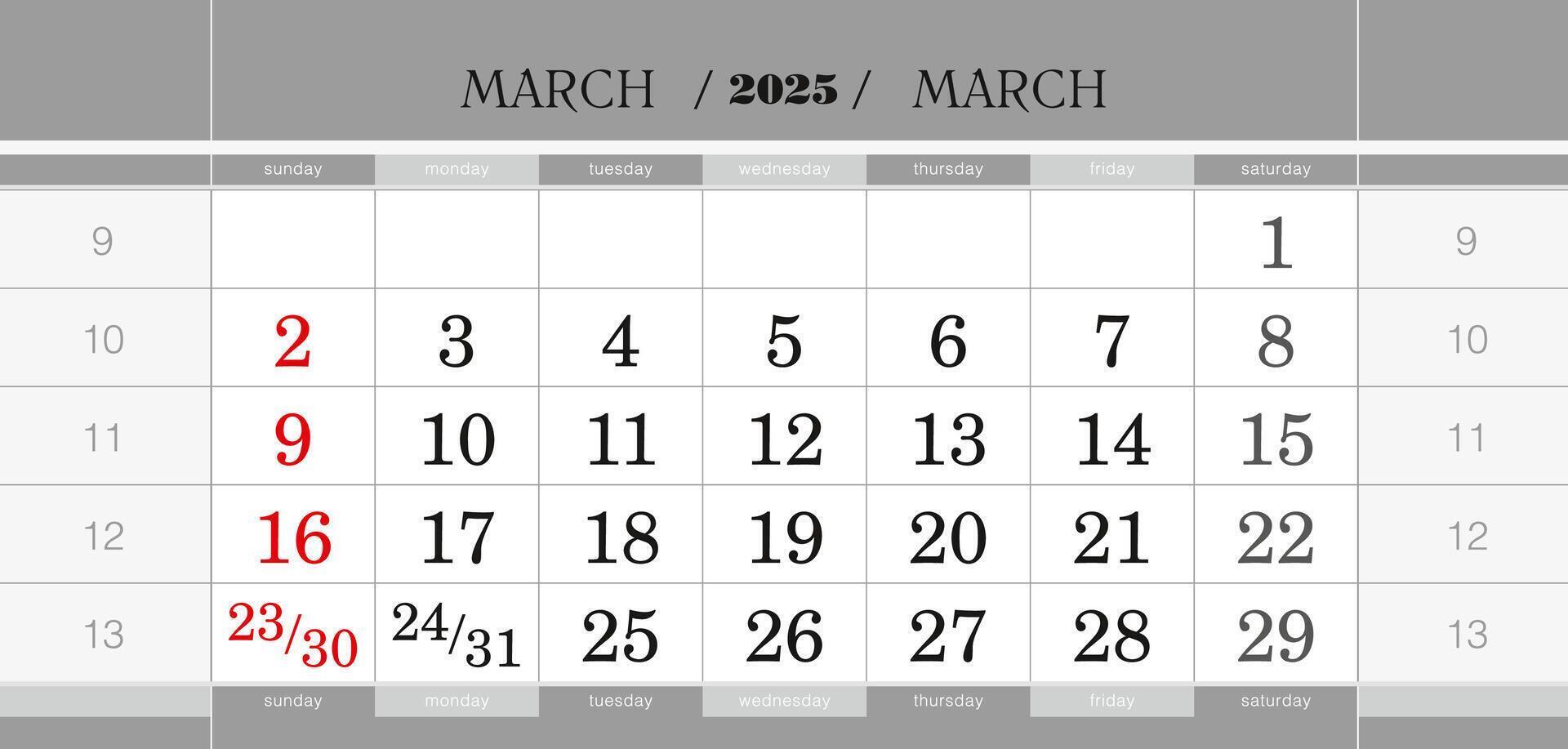March 2025 quarterly calendar block. Wall calendar in English, week starts from Sunday. vector