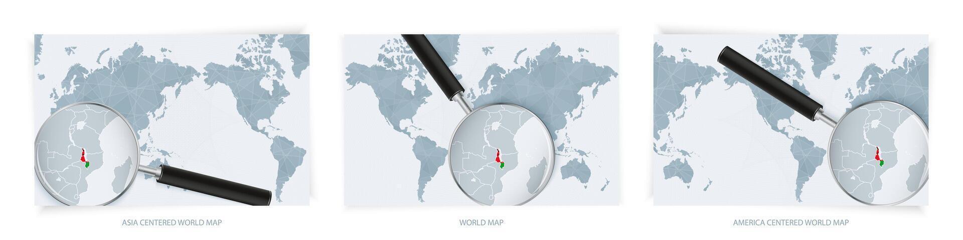 Blue Abstract World Maps with magnifying glass on map of Malawi with the national flag of Malawi. Three version of World Map. vector