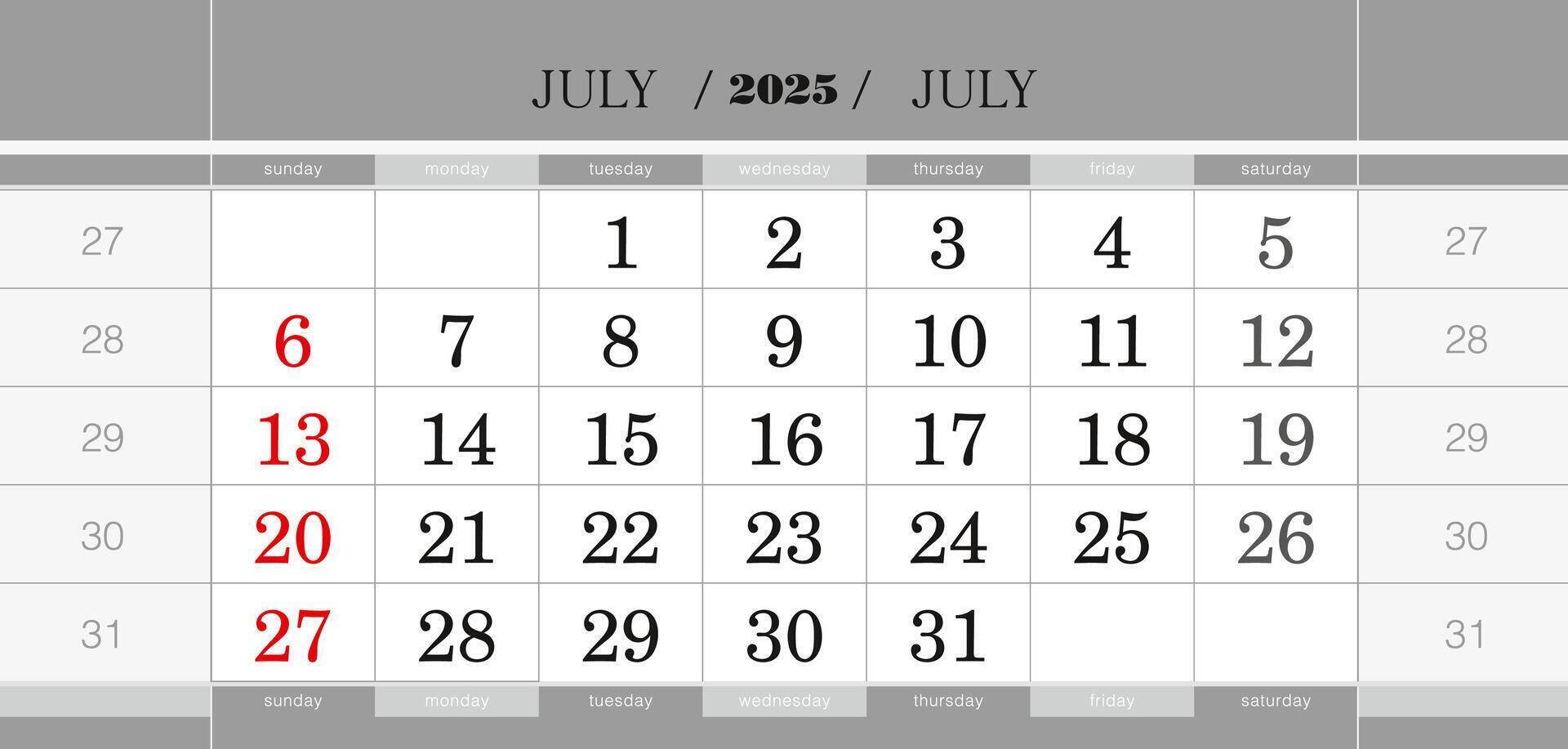 July 2025 quarterly calendar block. Wall calendar in English, week starts from Sunday. vector