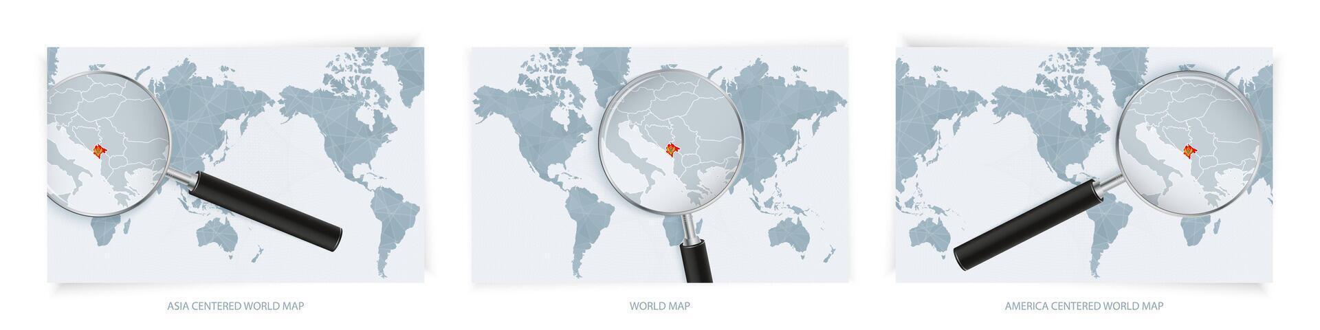 Blue Abstract World Maps with magnifying glass on map of Montenegro with the national flag of Montenegro. Three version of World Map. vector