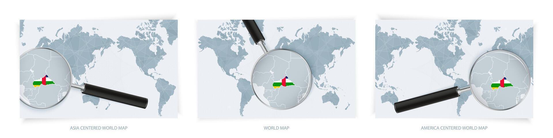 Blue Abstract World Maps with magnifying glass on map of Central African Republic with the national flag of Central African Republic. Three version of World Map. vector