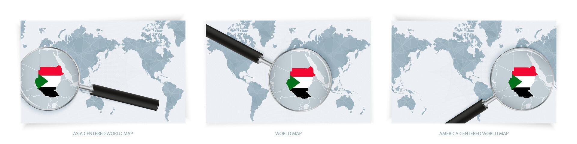 Blue Abstract World Maps with magnifying glass on map of Sudan with the national flag of Sudan. Three version of World Map. vector