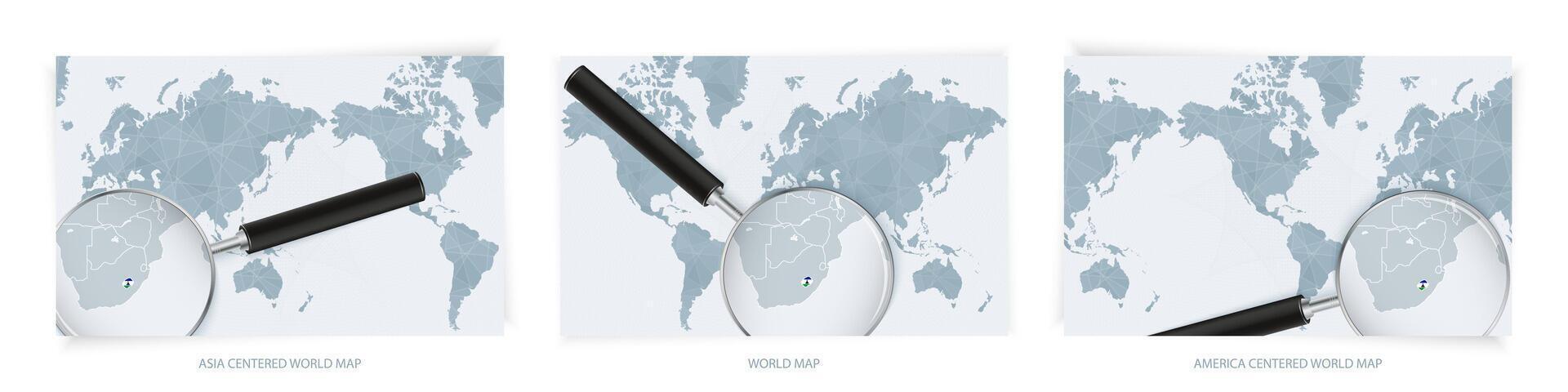 Blue Abstract World Maps with magnifying glass on map of Lesotho with the national flag of Lesotho. Three version of World Map. vector
