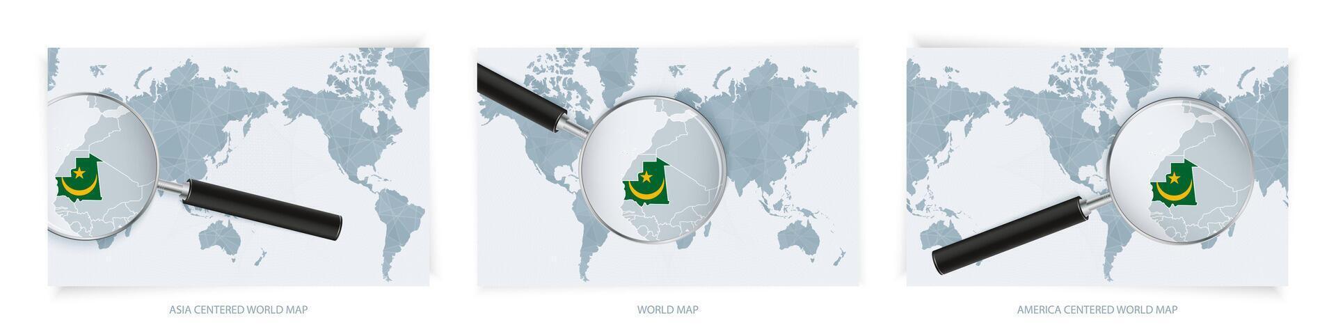 Blue Abstract World Maps with magnifying glass on map of Mauritania with the national flag of Mauritania. Three version of World Map. vector