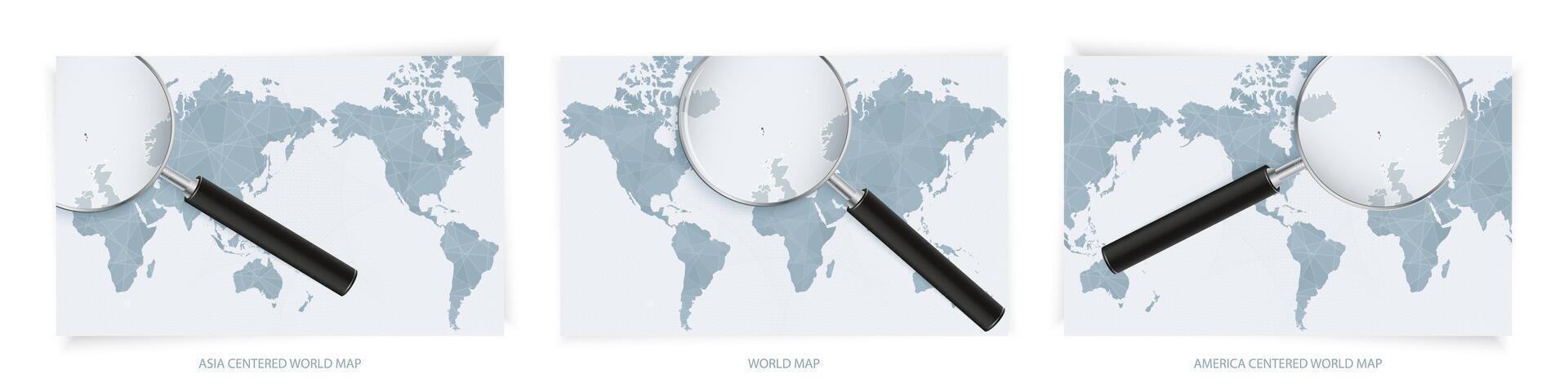 Blue Abstract World Maps with magnifying glass on map of Faroe Islands with the national flag of Faroe Islands. Three version of World Map. vector