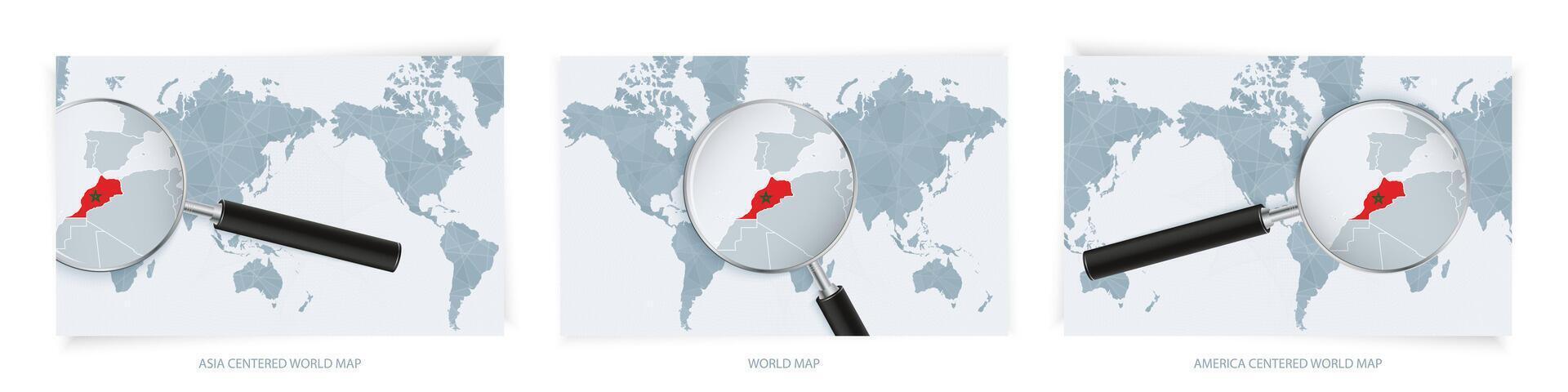 Blue Abstract World Maps with magnifying glass on map of Morocco with the national flag of Morocco. Three version of World Map. vector