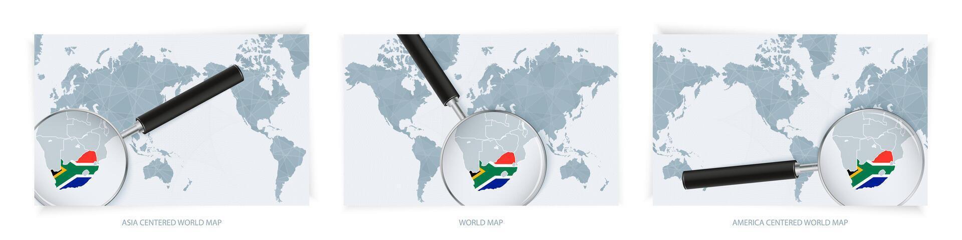 Blue Abstract World Maps with magnifying glass on map of South Africa with the national flag of South Africa. Three version of World Map. vector