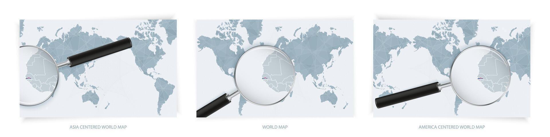 Blue Abstract World Maps with magnifying glass on map of Gambia with the national flag of Gambia. Three version of World Map. vector