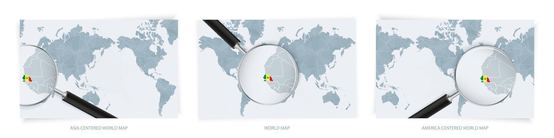 Blue Abstract World Maps with magnifying glass on map of Senegal with the national flag of Senegal. Three version of World Map. vector