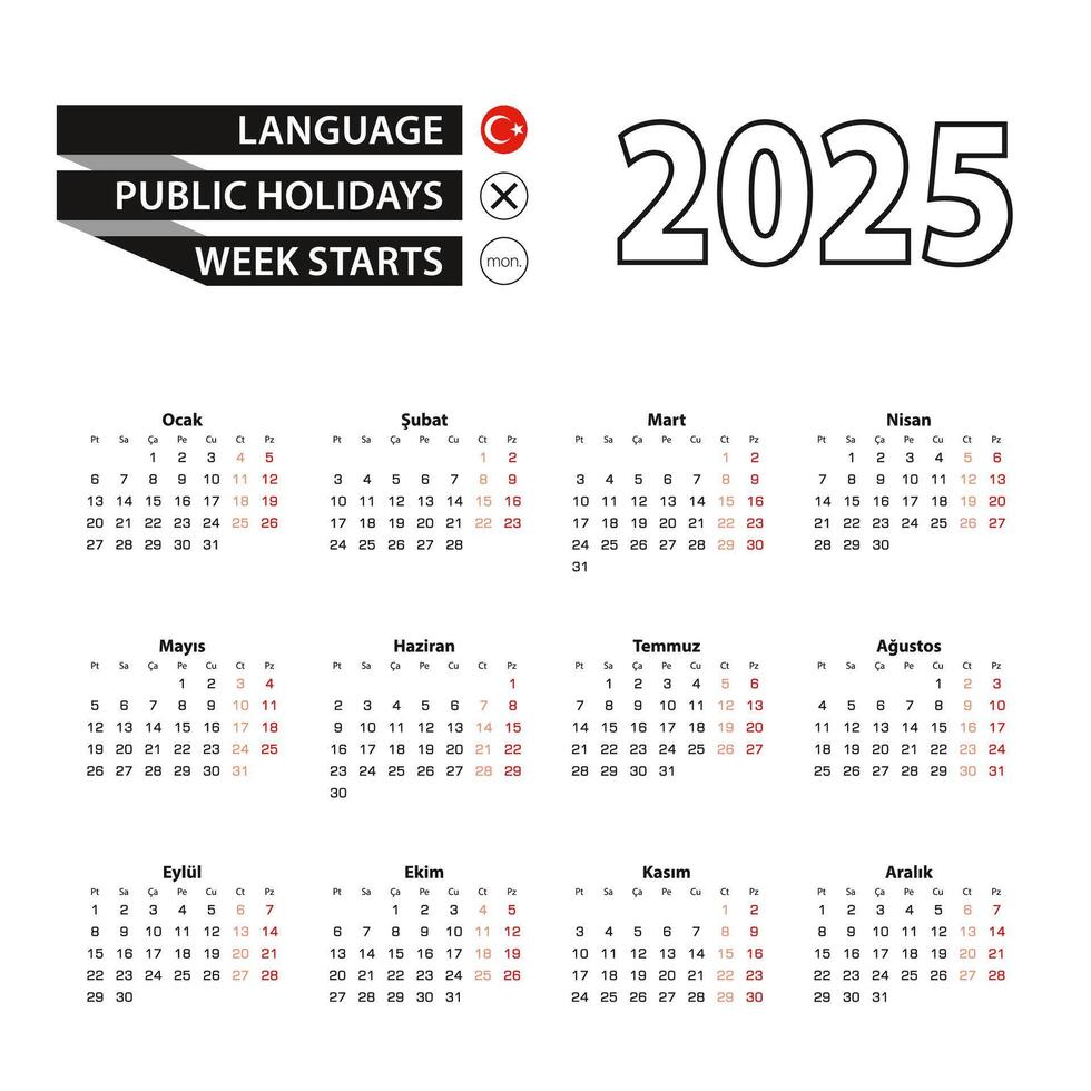 Calendar 2025 in Turkish language, week starts on Monday. vector