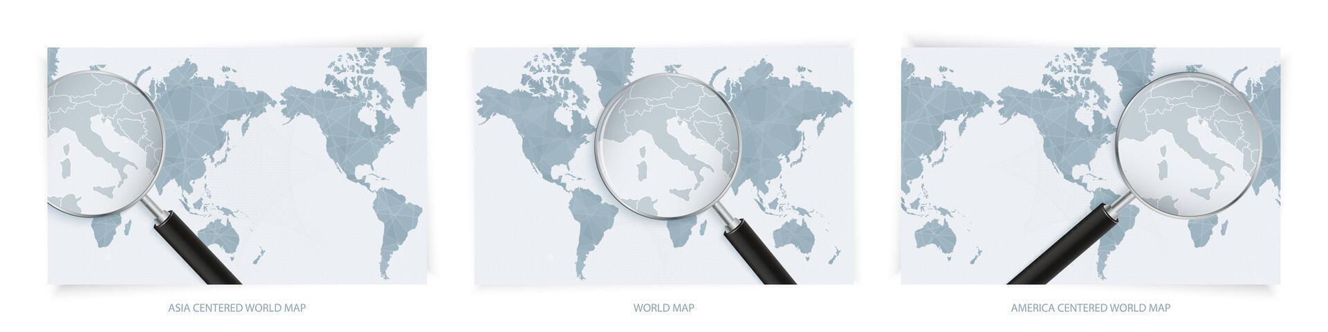 Blue Abstract World Maps with magnifying glass on map of Vatican City with the national flag of Vatican City. Three version of World Map. vector