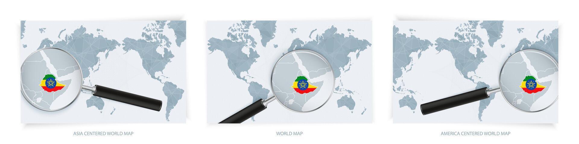Blue Abstract World Maps with magnifying glass on map of Ethiopia with the national flag of Ethiopia. Three version of World Map. vector