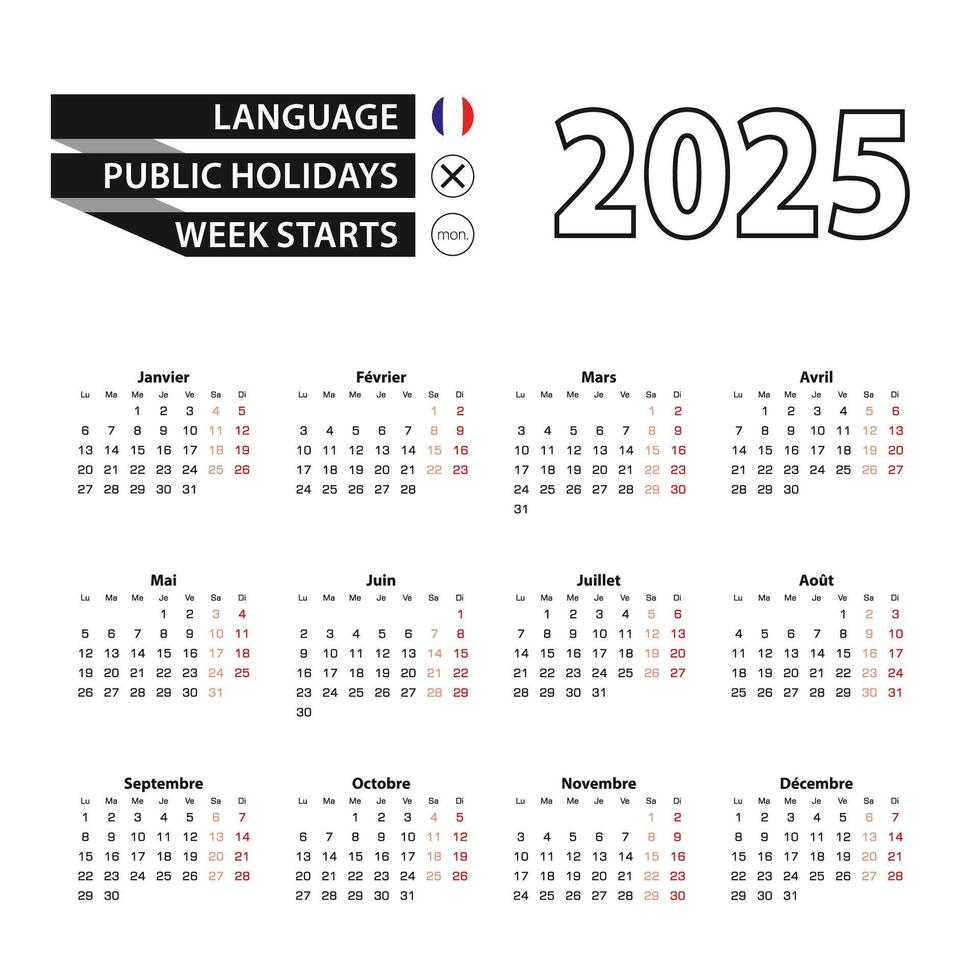 Calendar 2025 in French language, week starts on Monday. vector