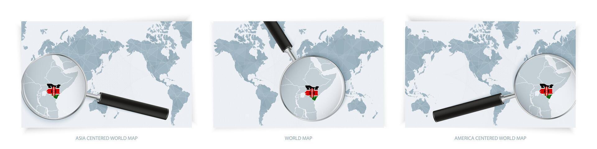 Blue Abstract World Maps with magnifying glass on map of Kenya with the national flag of Kenya. Three version of World Map. vector