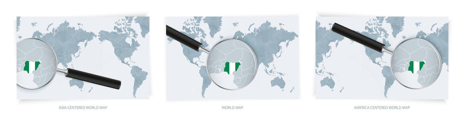 Blue Abstract World Maps with magnifying glass on map of Nigeria with the national flag of Nigeria. Three version of World Map. vector