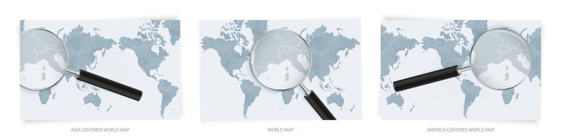 Blue Abstract World Maps with magnifying glass on map of Monaco with the national flag of Monaco. Three version of World Map. vector