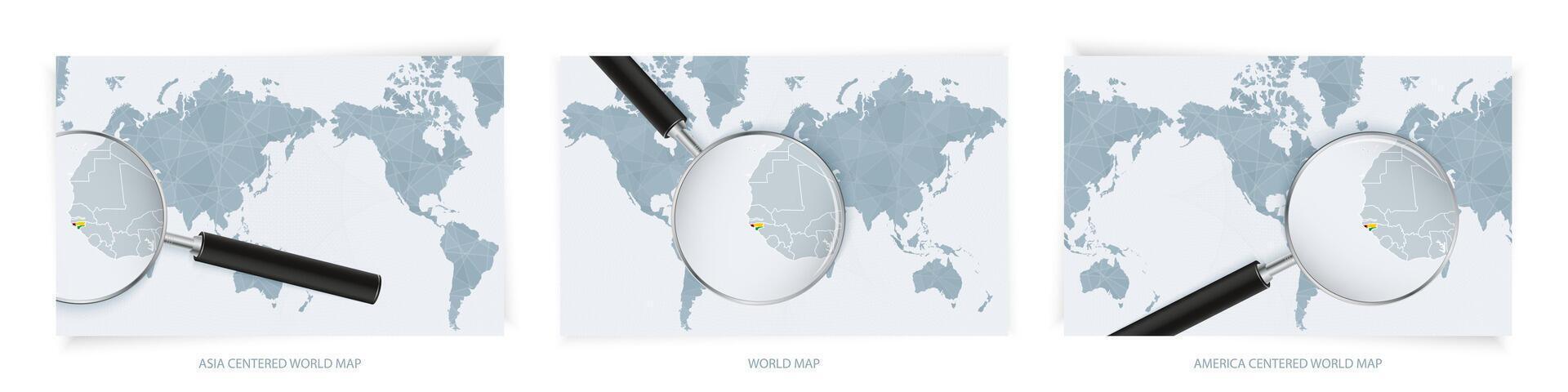 Blue Abstract World Maps with magnifying glass on map of Guinea-Bissau with the national flag of Guinea-Bissau. Three version of World Map. vector