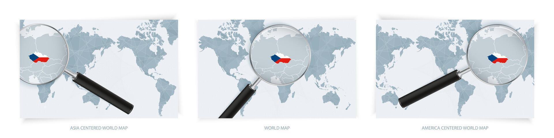 Blue Abstract World Maps with magnifying glass on map of Czech Republic with the national flag of Czech Republic. Three version of World Map. vector