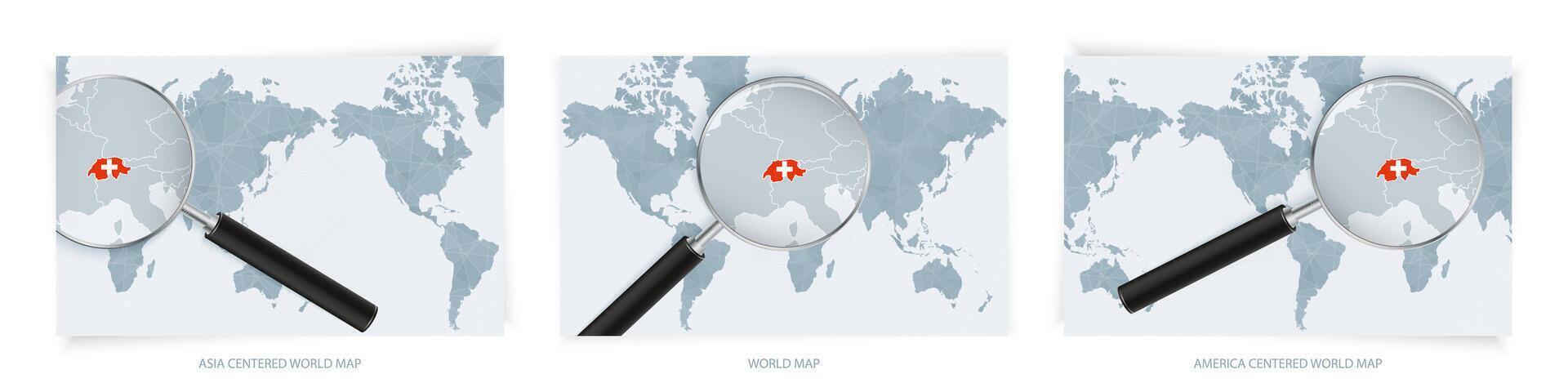 Blue Abstract World Maps with magnifying glass on map of Switzerland with the national flag of Switzerland. Three version of World Map. vector