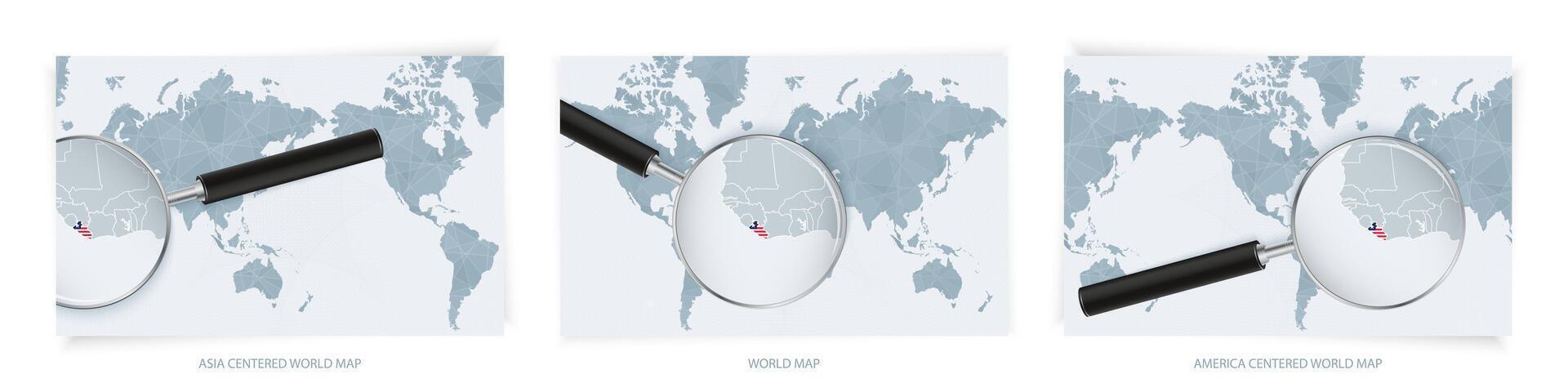 Blue Abstract World Maps with magnifying glass on map of Liberia with the national flag of Liberia. Three version of World Map. vector