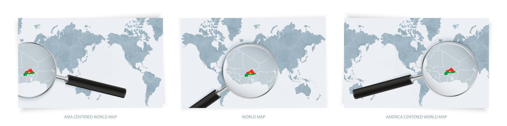 Blue Abstract World Maps with magnifying glass on map of Burkina Faso with the national flag of Burkina Faso. Three version of World Map. vector